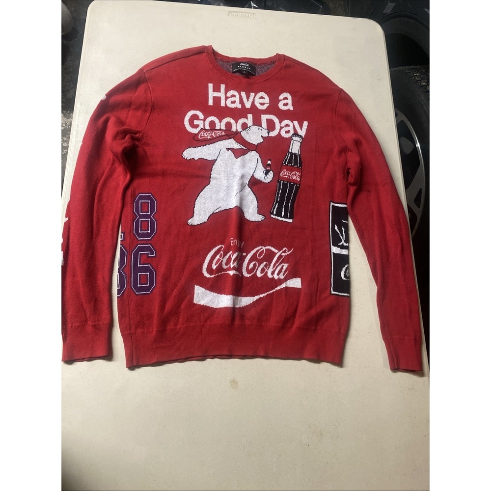 PacSun Coca Cola Polar Bear Good Day Red White 100% Cotton Sweater Sz Small